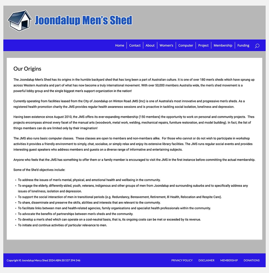 Joondalup Men's Shed community website development
