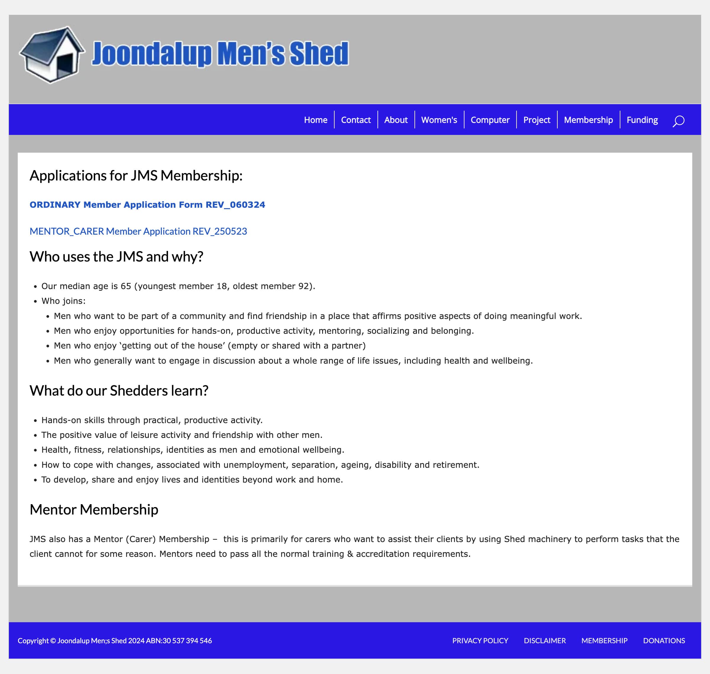 Joondalup Men's Shed community website development