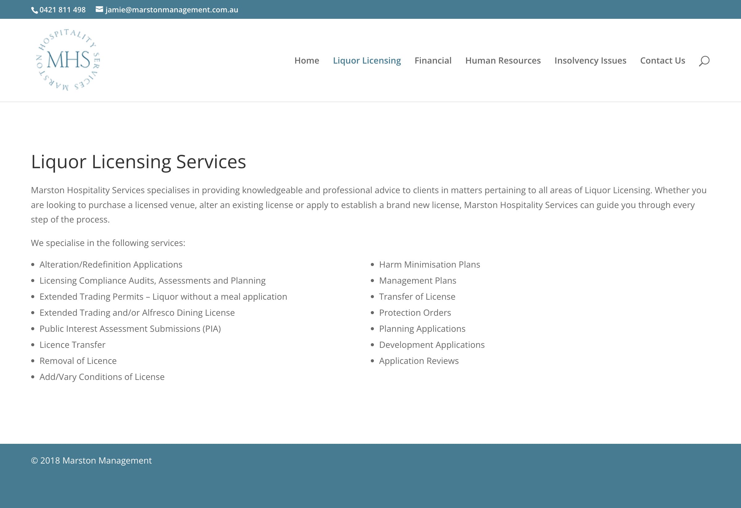 Marston Business Hospitality Management website development