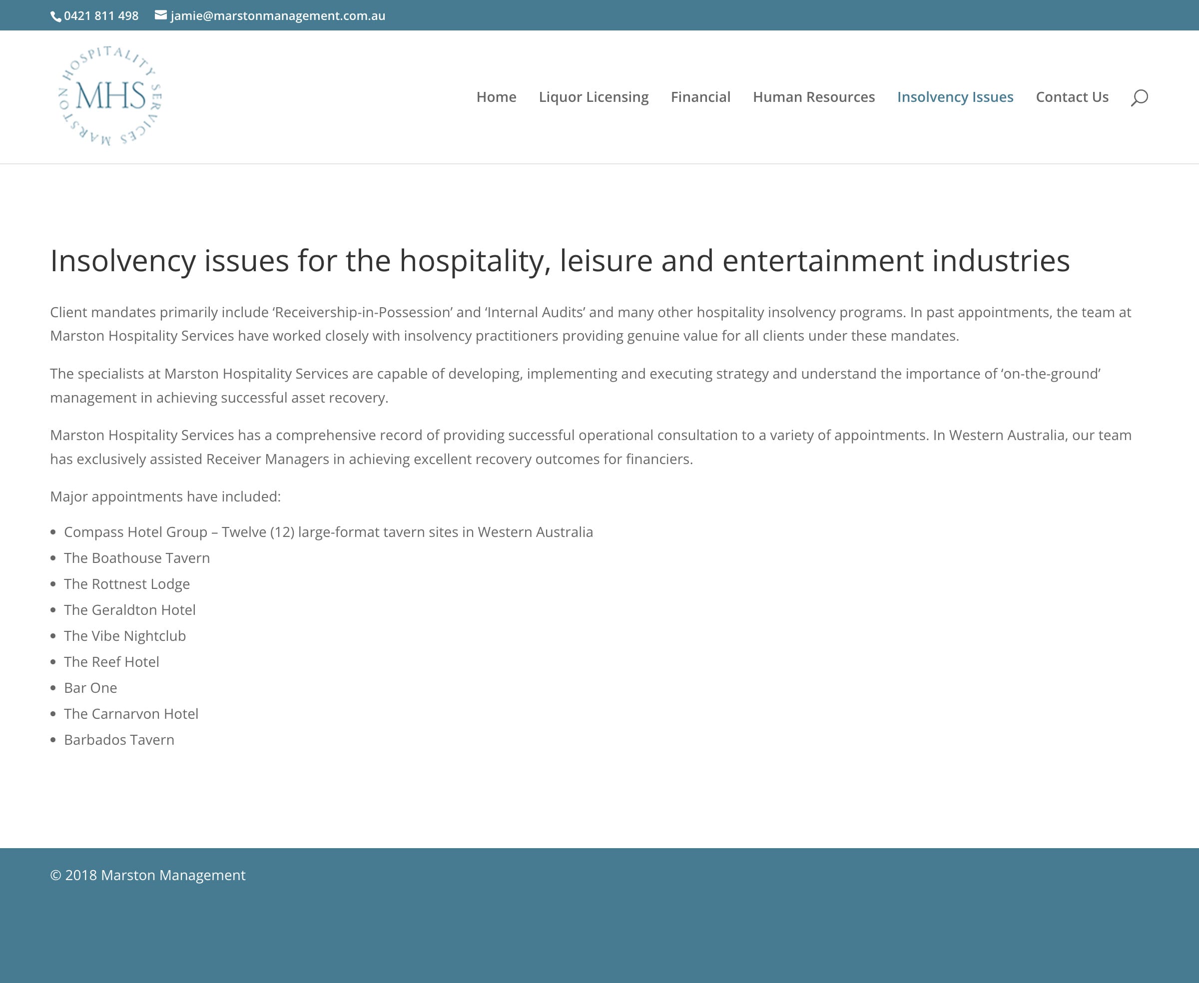 Marston Business Hospitality Management website development